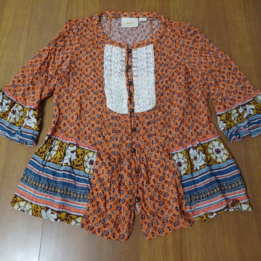 Maeve Colorful Blouse Womens 2 Button Up Floral Pattern Flowy (small flaw mark)